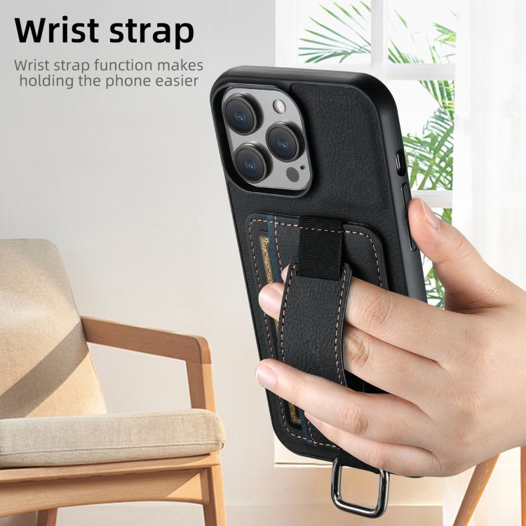 For iPhone 16e Suteni H13 Litchi Leather Wrist Strap Wallet Back Phone Case(Black) - iPhone 16e Cases by Suteni | Online Shopping UK | buy2fix
