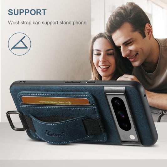 For Google Pixel 10 Pro Suteni H13 Litchi Leather Wrist Strap Wallet Back Phone Case(Blue) - Google Cases by Suteni | Online Shopping UK | buy2fix