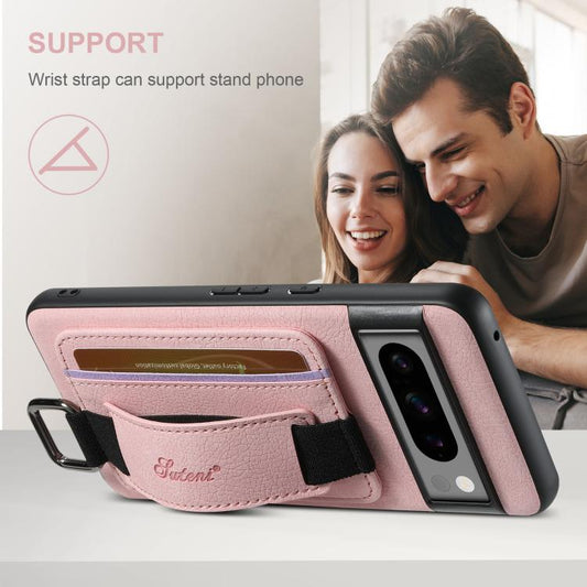 For Google Pixel 10 Pro Suteni H13 Litchi Leather Wrist Strap Wallet Back Phone Case(Pink) - Google Cases by Suteni | Online Shopping UK | buy2fix