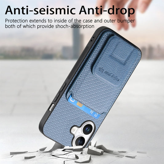 For iPhone 16 Plus Carbon Fiber Card Bag Fold Stand Phone Case(Blue) by buy2fix