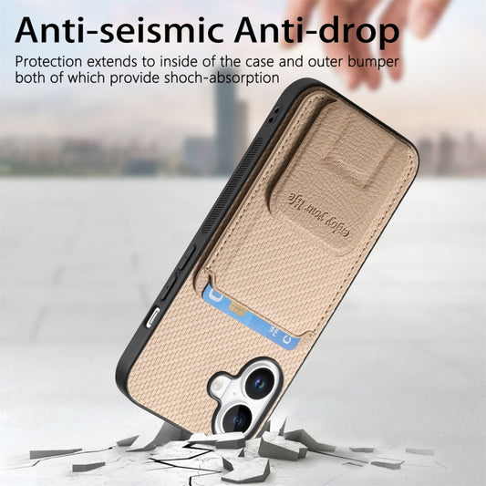 For iPhone 16 Plus Carbon Fiber Card Bag Fold Stand Phone Case(Khaki) by buy2fix