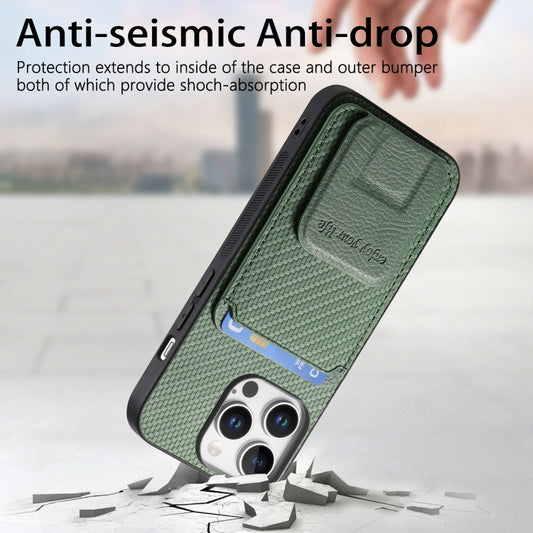 For iPhone 16 Pro Carbon Fiber Card Bag Fold Stand Phone Case(Green) by buy2fix