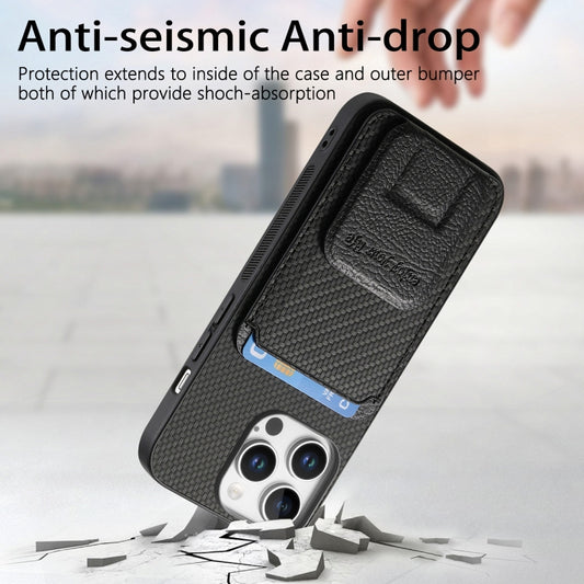 For iPhone 16 Pro Max Carbon Fiber Card Bag Fold Stand Phone Case(Black) by buy2fix