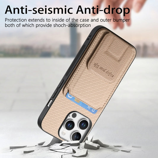 For iPhone 16 Pro Max Carbon Fiber Card Bag Fold Stand Phone Case(Khaki) by buy2fix