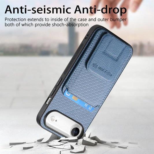 For iPhone Air Carbon Fiber Card Bag Fold Stand Phone Case(Blue) - iPhone Air Cases by buy2fix | Online Shopping UK | buy2fix