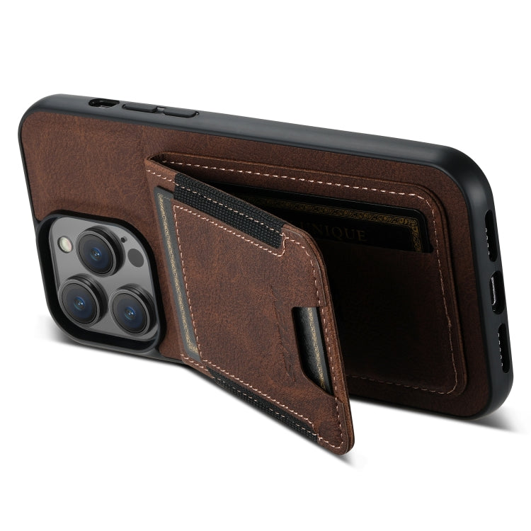 For iPhone 15 Suteni H03 Litchi Leather Card Bag Stand Back Phone Case(Brown) - iPhone 15 Cases by Suteni | Online Shopping UK | buy2fix
