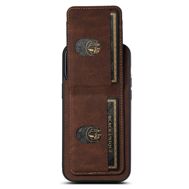 For iPhone 15 Suteni H03 Litchi Leather Card Bag Stand Back Phone Case(Brown) - iPhone 15 Cases by Suteni | Online Shopping UK | buy2fix
