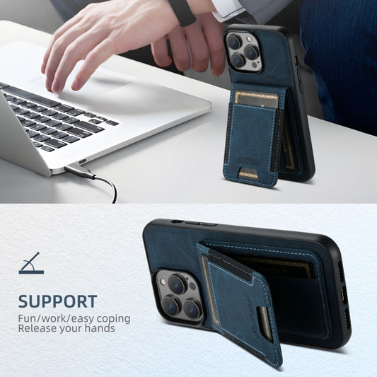 For iPhone 16 Pro Suteni H03 Litchi Leather Card Bag Stand Back Phone Case(Blue) by Suteni