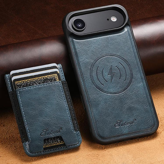 For iPhone 17 Air Suteni H17 Oil Eax Leather MagSafe Detachable Wallet Phone Case(Blue) - iPhone 17 Air Cases by Suteni | Online Shopping UK | buy2fix