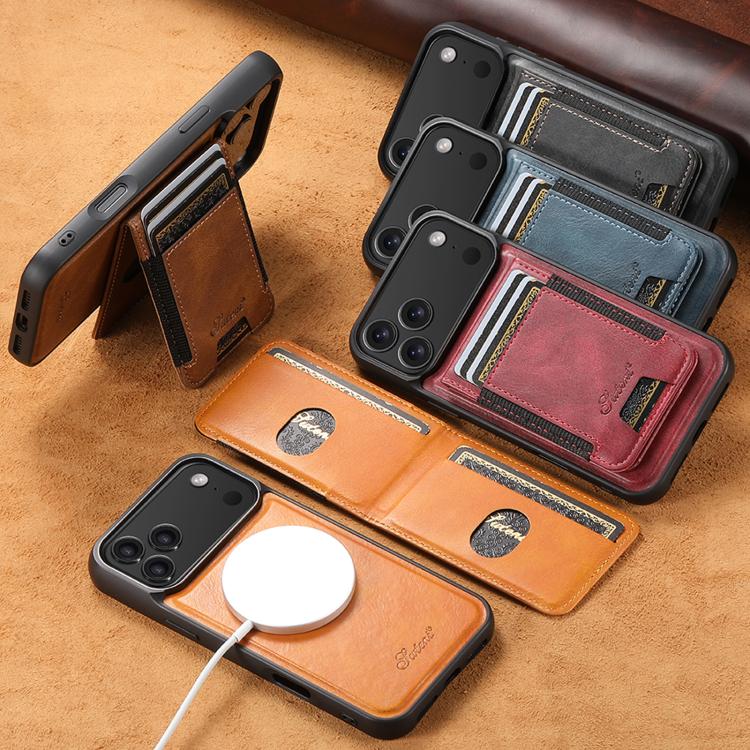 For iPhone 16 Pro Suteni H17 Oil Eax Leather MagSafe Detachable Wallet Phone Case(Blue) - iPhone 16 Pro Cases by Suteni | Online Shopping UK | buy2fix