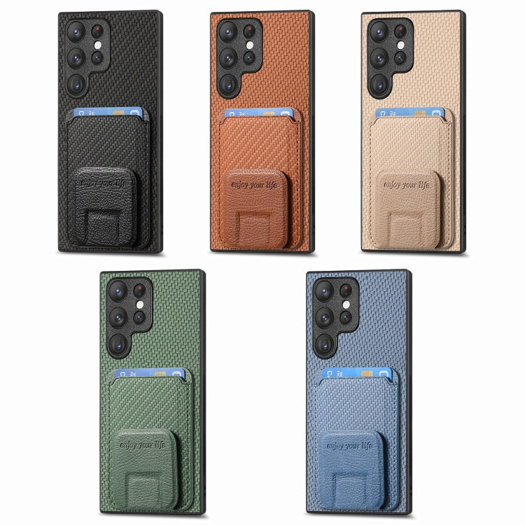 For Samsung Galaxy S25 Ultra 5G Carbon Fiber Card Bag Fold Stand Phone Case(Khaki) by buy2fix