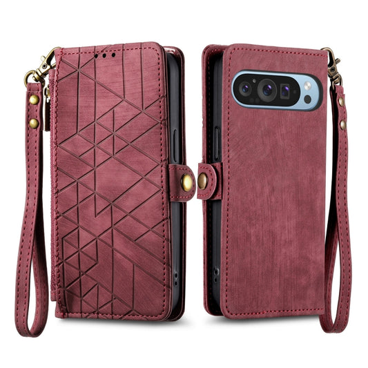 For Google Pixel 9 Geometric Zipper Wallet Side Buckle Leather Phone Case(Red) by buy2fix