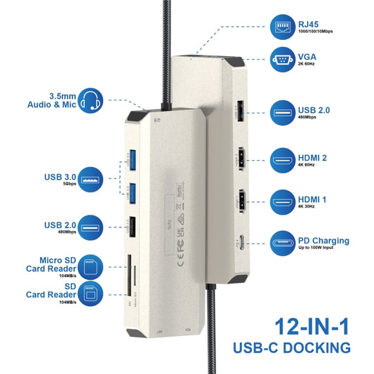 WAVLINK WL-UMD301 12 in 1 Multi-port Adapter 2*HDMI+1*VGA Triple Display USB-C Hub Dock by WAVLINK
