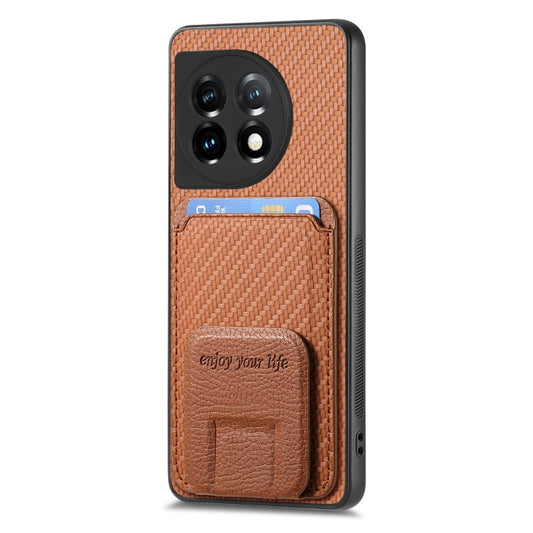 For OnePlus 12 5G Carbon Fiber Card Bag Fold Stand Phone Case(Brown) by buy2fix