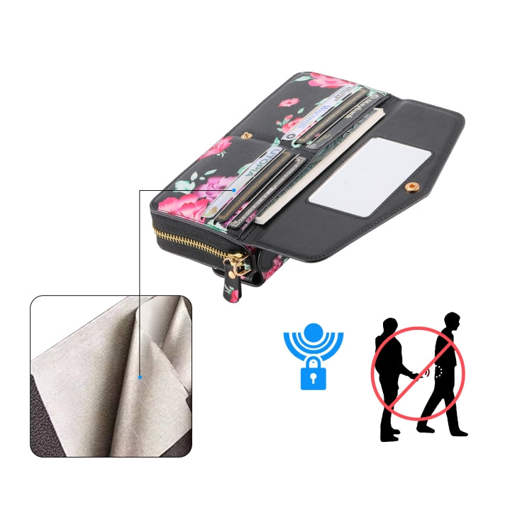For Samsung Galaxy S22 5G Flower Multi-functional Crossbody Zipper Wallet Leather Phone Case(Black) - Galaxy S22 5G Cases by buy2fix | Online Shopping UK | buy2fix