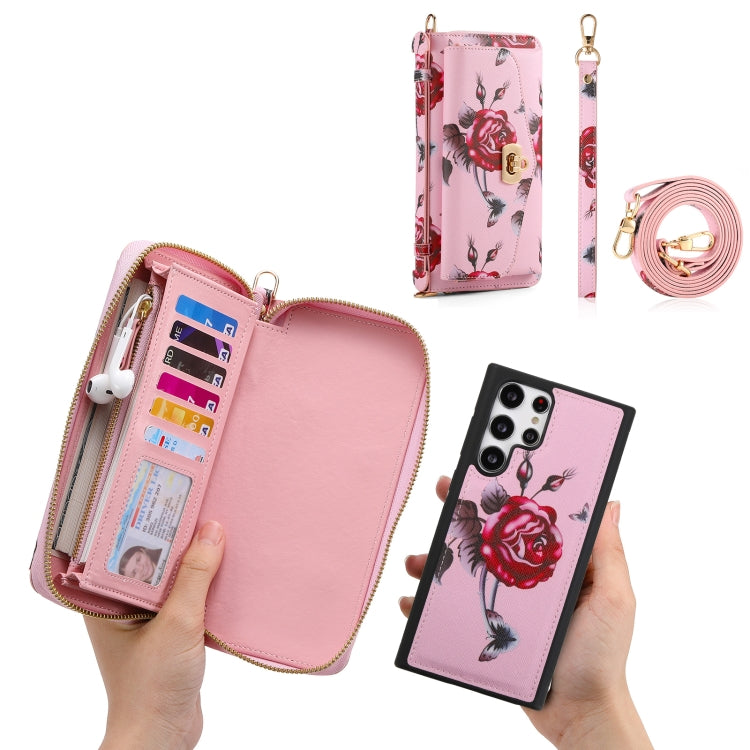 For Samsung Galaxy S22 5G Flower Multi-functional Crossbody Zipper Wallet Leather Phone Case(Pink) - Galaxy S22 5G Cases by buy2fix | Online Shopping UK | buy2fix
