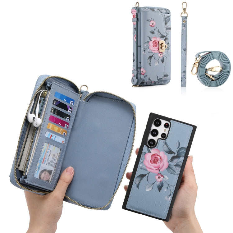 For Samsung Galaxy S22 5G Flower Multi-functional Crossbody Zipper Wallet Leather Phone Case(Blue) - Galaxy S22 5G Cases by buy2fix | Online Shopping UK | buy2fix