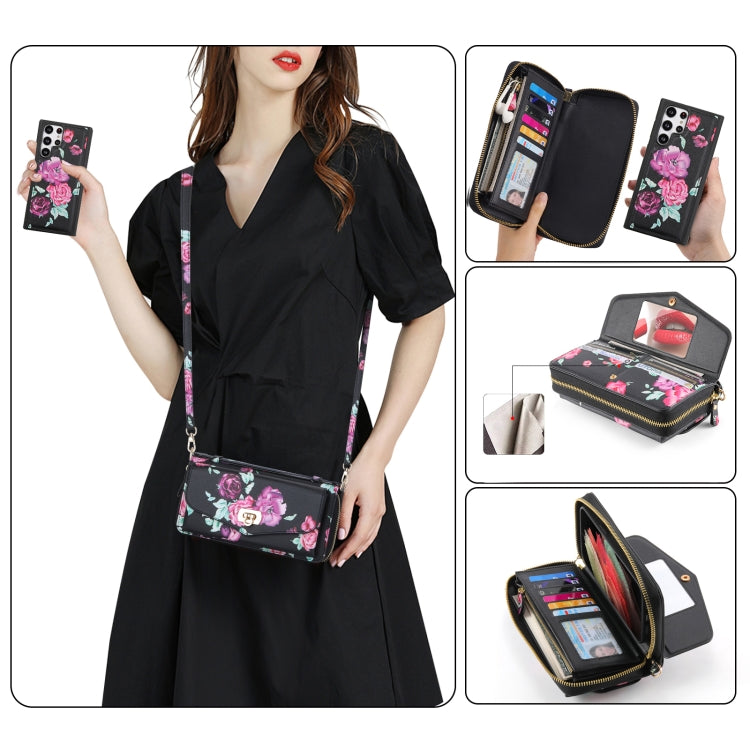 For Samsung Galaxy S22+ 5G Flower Multi-functional Crossbody Zipper Wallet Leather Phone Case(Black) - Galaxy S22+ 5G Cases by buy2fix | Online Shopping UK | buy2fix