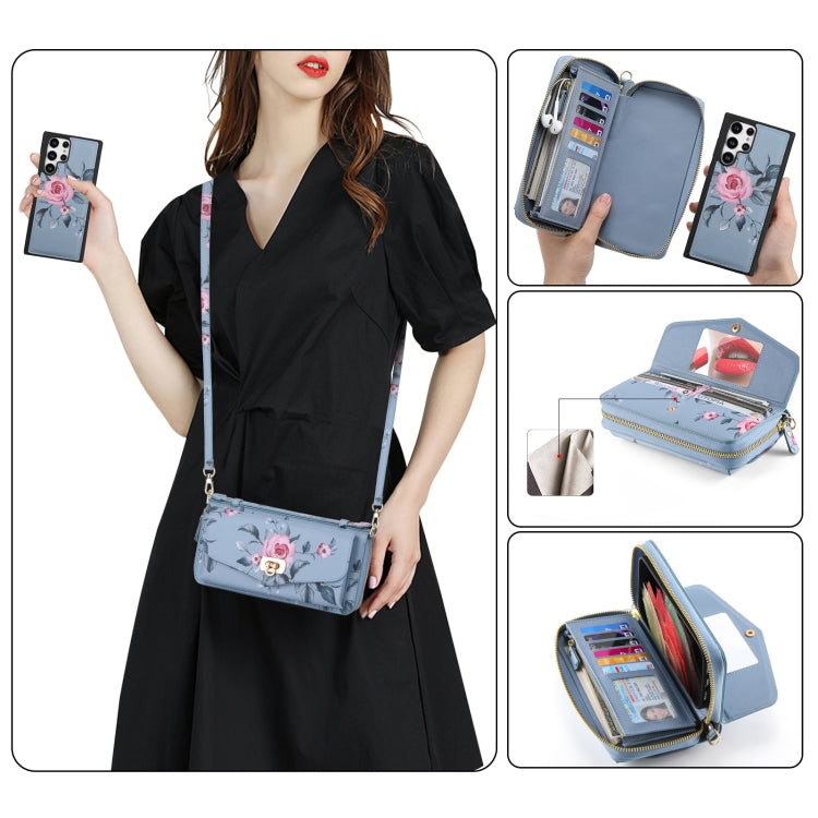 For Samsung Galaxy S22+ 5G Flower Multi-functional Crossbody Zipper Wallet Leather Phone Case(Blue) - Galaxy S22+ 5G Cases by buy2fix | Online Shopping UK | buy2fix