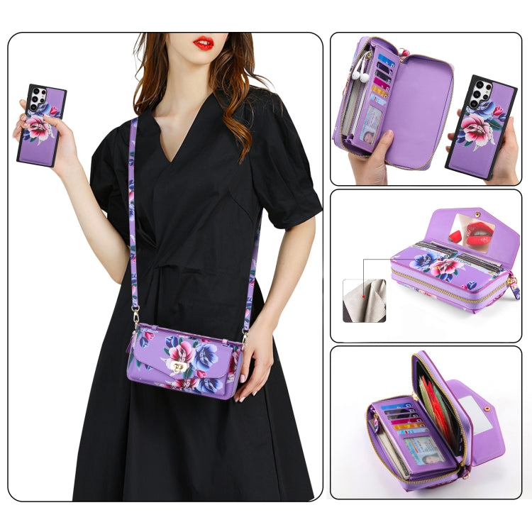For Samsung Galaxy S22 Ultra 5G Flower Multi-functional Crossbody Zipper Wallet Leather Phone Case(Purple) - Galaxy S22 Ultra 5G Cases by buy2fix | Online Shopping UK | buy2fix