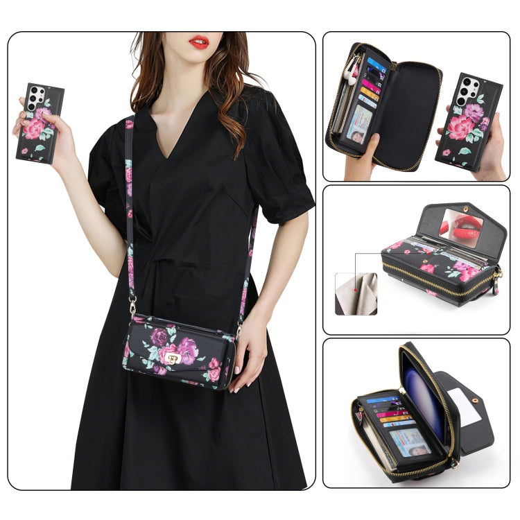 For Samsung Galaxy S23+ 5G Flower Multi-functional Crossbody Zipper Wallet Leather Phone Case(Black) - Galaxy S23+ 5G Cases by buy2fix | Online Shopping UK | buy2fix