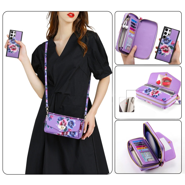 For Samsung Galaxy S23 Ultra 5G Flower Multi-functional Crossbody Zipper Wallet Leather Phone Case(Purple) - Galaxy S23 Ultra 5G Cases by buy2fix | Online Shopping UK | buy2fix