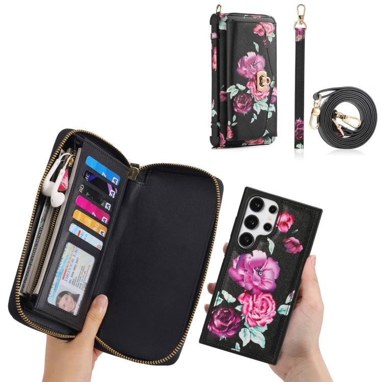 For Samsung Galaxy S24 5G Flower Multi-functional Crossbody Zipper Wallet Leather Phone Case(Black) - Galaxy S24 5G Cases by buy2fix | Online Shopping UK | buy2fix
