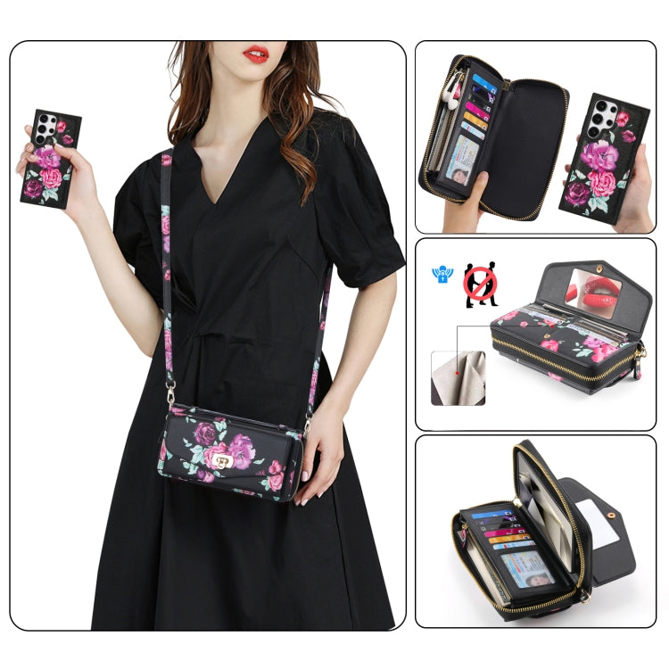 For Samsung Galaxy S24 5G Flower Multi-functional Crossbody Zipper Wallet Leather Phone Case(Black) - Galaxy S24 5G Cases by buy2fix | Online Shopping UK | buy2fix