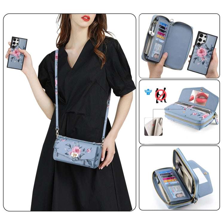 For Samsung Galaxy S24 5G Flower Multi-functional Crossbody Zipper Wallet Leather Phone Case(Blue) - Galaxy S24 5G Cases by buy2fix | Online Shopping UK | buy2fix