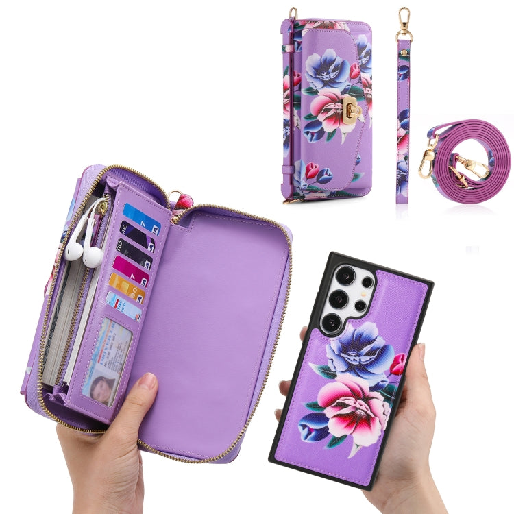 For Samsung Galaxy S24 5G Flower Multi-functional Crossbody Zipper Wallet Leather Phone Case(Purple) - Galaxy S24 5G Cases by buy2fix | Online Shopping UK | buy2fix