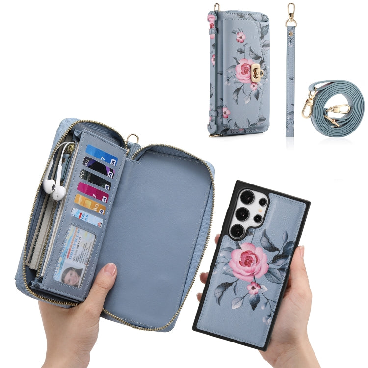 For Samsung Galaxy S24+ 5G Flower Multi-functional Crossbody Zipper Wallet Leather Phone Case(Blue) - Galaxy S24+ 5G Cases by buy2fix | Online Shopping UK | buy2fix