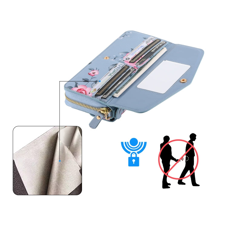 For Samsung Galaxy S24+ 5G Flower Multi-functional Crossbody Zipper Wallet Leather Phone Case(Blue) - Galaxy S24+ 5G Cases by buy2fix | Online Shopping UK | buy2fix