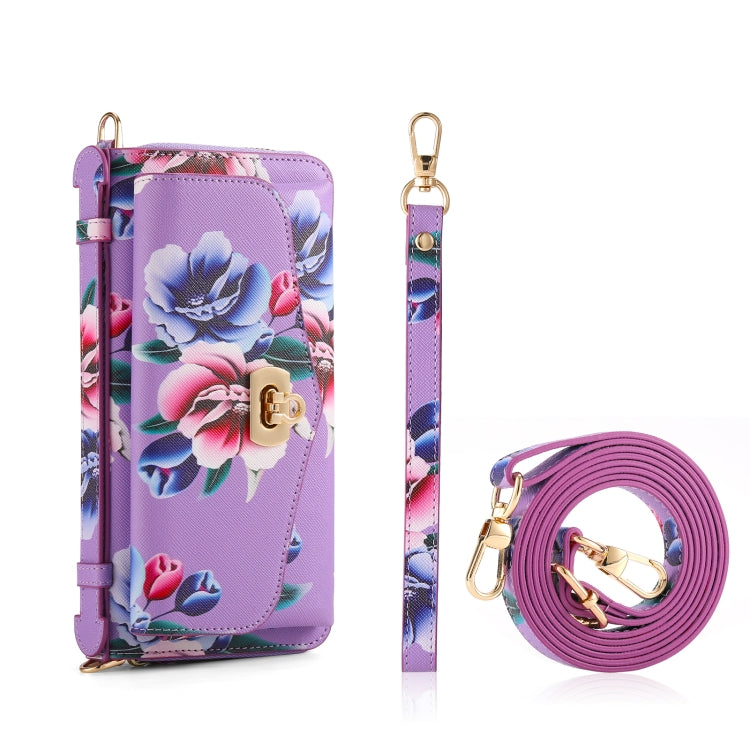For Samsung Galaxy S24+ 5G Flower Multi-functional Crossbody Zipper Wallet Leather Phone Case(Purple) - Galaxy S24+ 5G Cases by buy2fix | Online Shopping UK | buy2fix