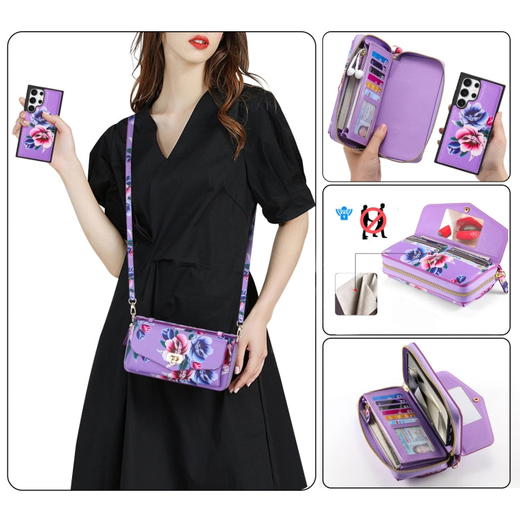 For Samsung Galaxy S24+ 5G Flower Multi-functional Crossbody Zipper Wallet Leather Phone Case(Purple) - Galaxy S24+ 5G Cases by buy2fix | Online Shopping UK | buy2fix