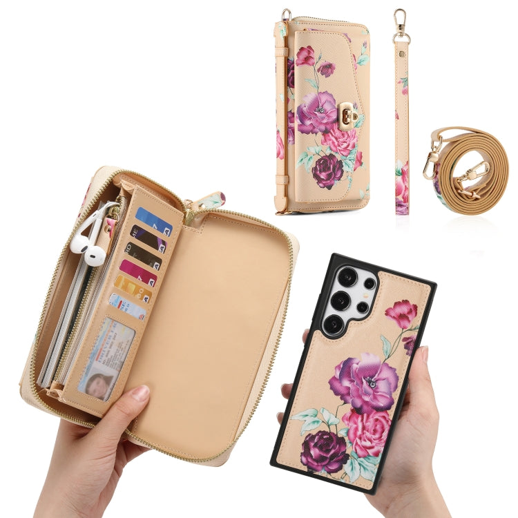 For Samsung Galaxy S24+ 5G Flower Multi-functional Crossbody Zipper Wallet Leather Phone Case(Yellow) - Galaxy S24+ 5G Cases by buy2fix | Online Shopping UK | buy2fix
