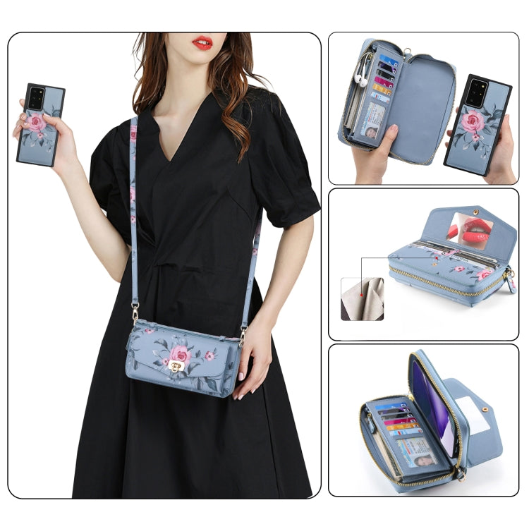 For Samsung Galaxy Note20 Ultra Flower Multi-functional Crossbody Zipper Wallet Leather Phone Case(Blue) - Galaxy Note20 Ultra Cases by buy2fix | Online Shopping UK | buy2fix