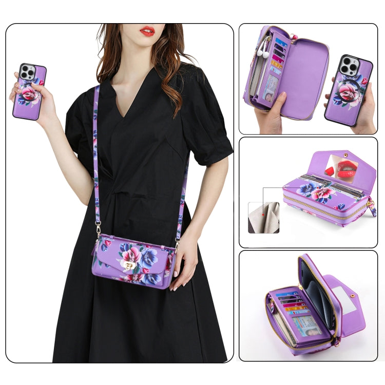 For iPhone 15 Pro Max Flower Multi-functional Crossbody Zipper Wallet MagSafe Leather Phone Case(Purple) - iPhone 15 Pro Max Cases by buy2fix | Online Shopping UK | buy2fix