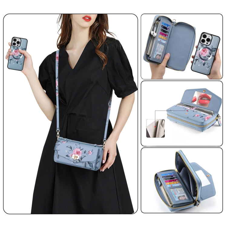 For iPhone 15 Flower Multi-functional Crossbody Zipper Wallet MagSafe Leather Phone Case(Blue) by buy2fix