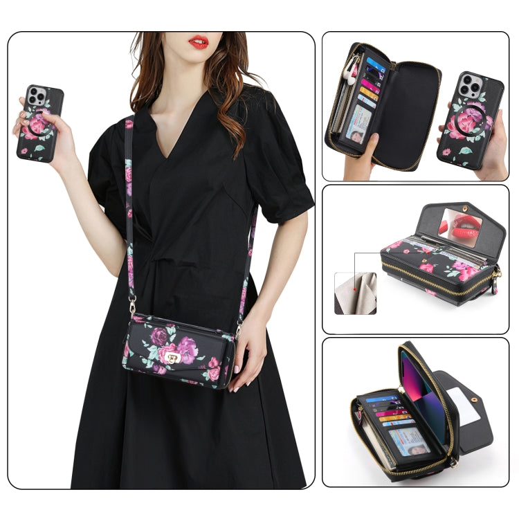 For iPhone 13 Pro Max Flower Multi-functional Crossbody Zipper Wallet MagSafe Leather Phone Case(Black) - iPhone 13 Pro Max Cases by buy2fix | Online Shopping UK | buy2fix