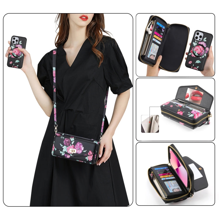 For iPhone 12 Flower Multi-functional Crossbody Zipper Wallet MagSafe Leather Phone Case(Black) - iPhone 12 / 12 Pro Cases by buy2fix | Online Shopping UK | buy2fix