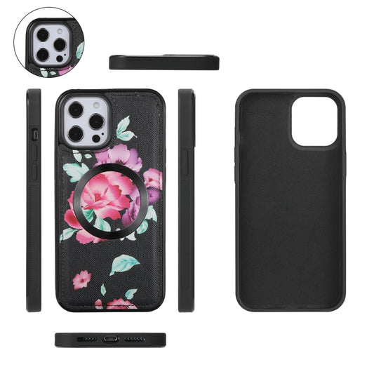 For iPhone 12 Pro Max Flower Multi-functional Crossbody Zipper Wallet MagSafe Leather Phone Case(Black) - iPhone 12 Pro Max Cases by buy2fix | Online Shopping UK | buy2fix