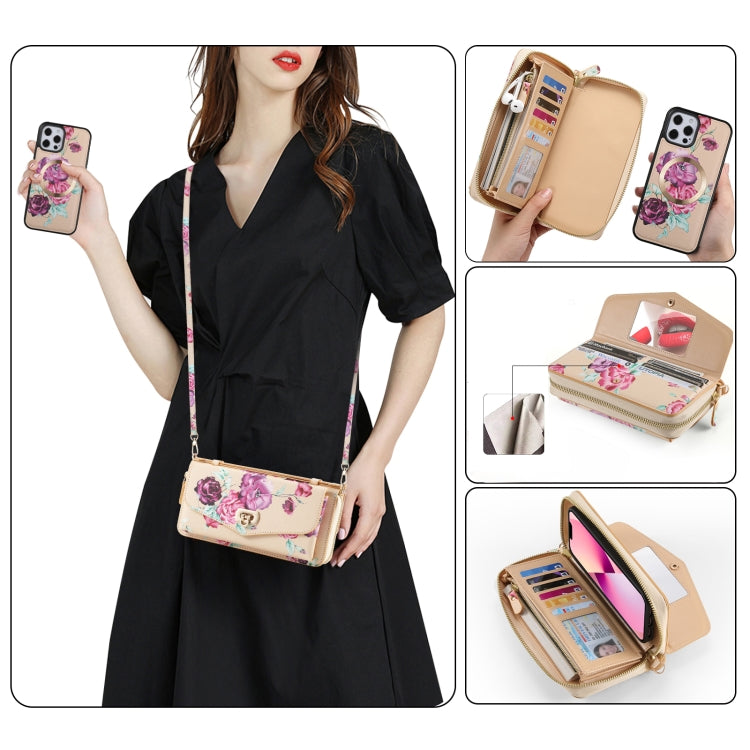 For iPhone 12 Pro Max Flower Multi-functional Crossbody Zipper Wallet MagSafe Leather Phone Case(Yellow) - iPhone 12 Pro Max Cases by buy2fix | Online Shopping UK | buy2fix