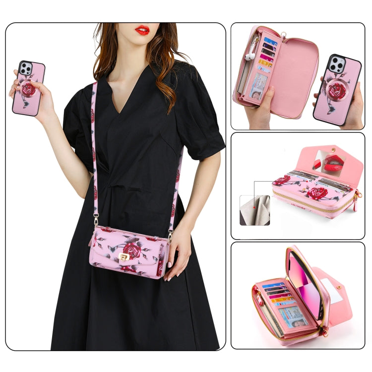 For iPhone 12 Pro Flower Multi-functional Crossbody Zipper Wallet MagSafe Leather Phone Case(Pink) - iPhone 12 / 12 Pro Cases by buy2fix | Online Shopping UK | buy2fix