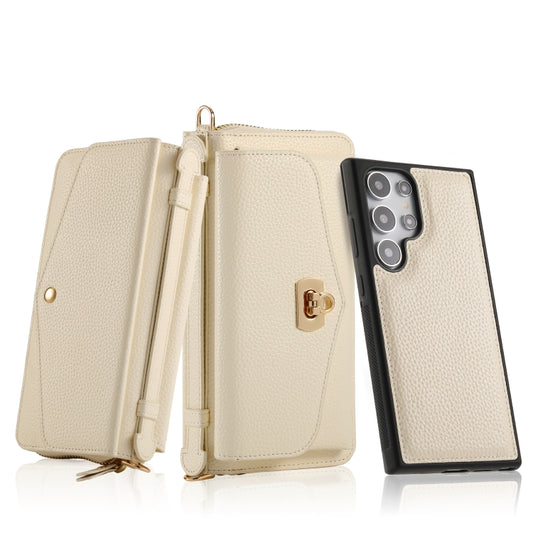 For Samsung Galaxy S24 Ultra 5G Crossbody Multi-functional Zipper Wallet Litchi Leather Phone Case(Beige) - Galaxy S24 Ultra 5G Cases by buy2fix | Online Shopping UK | buy2fix
