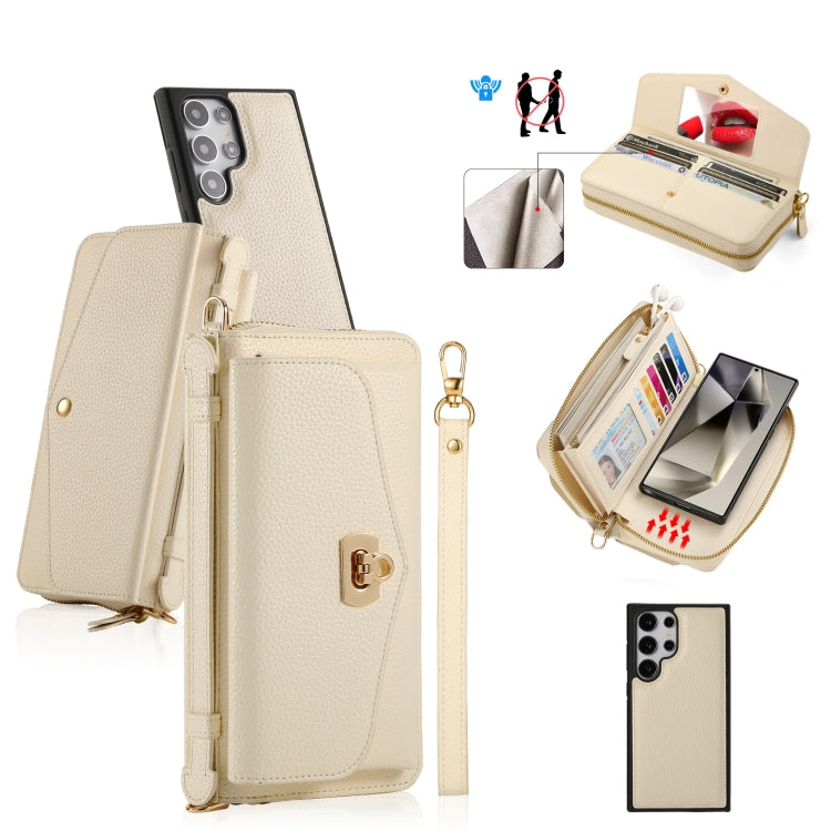 For Samsung Galaxy S24+ 5G Crossbody Multi-functional Zipper Wallet Litchi Leather Phone Case(Beige) - Galaxy S24+ 5G Cases by buy2fix | Online Shopping UK | buy2fix