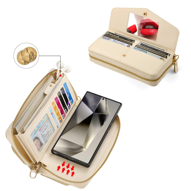 For Samsung Galaxy S24 5G Crossbody Multi-functional Zipper Wallet Litchi Leather Phone Case(Beige) - Galaxy S24 5G Cases by buy2fix | Online Shopping UK | buy2fix