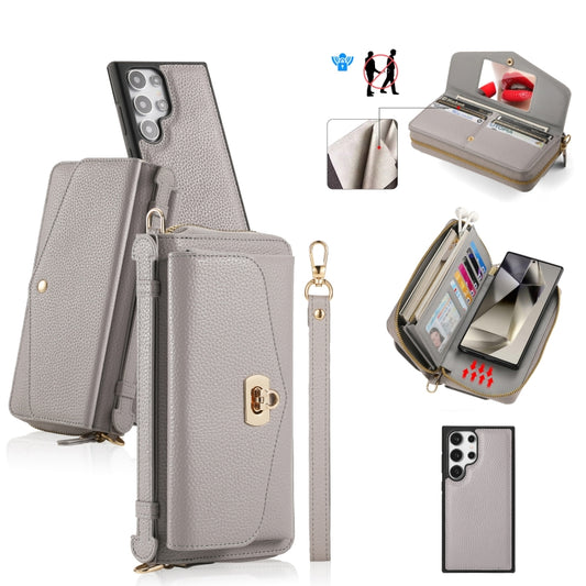 For Samsung Galaxy S24 5G Crossbody Multi-functional Zipper Wallet Litchi Leather Phone Case(Grey) - Galaxy S24 5G Cases by buy2fix | Online Shopping UK | buy2fix