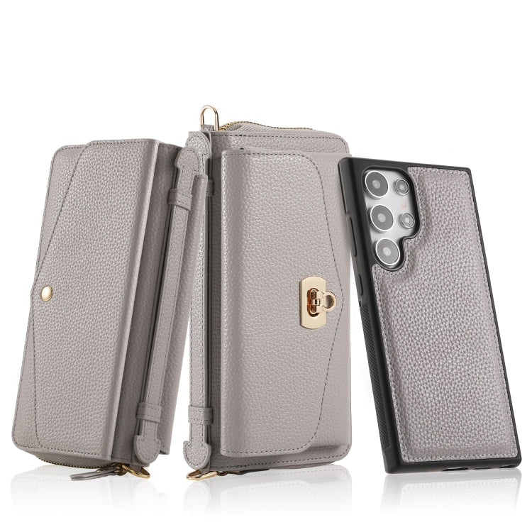 For Samsung Galaxy S24 5G Crossbody Multi-functional Zipper Wallet Litchi Leather Phone Case(Grey) - Galaxy S24 5G Cases by buy2fix | Online Shopping UK | buy2fix