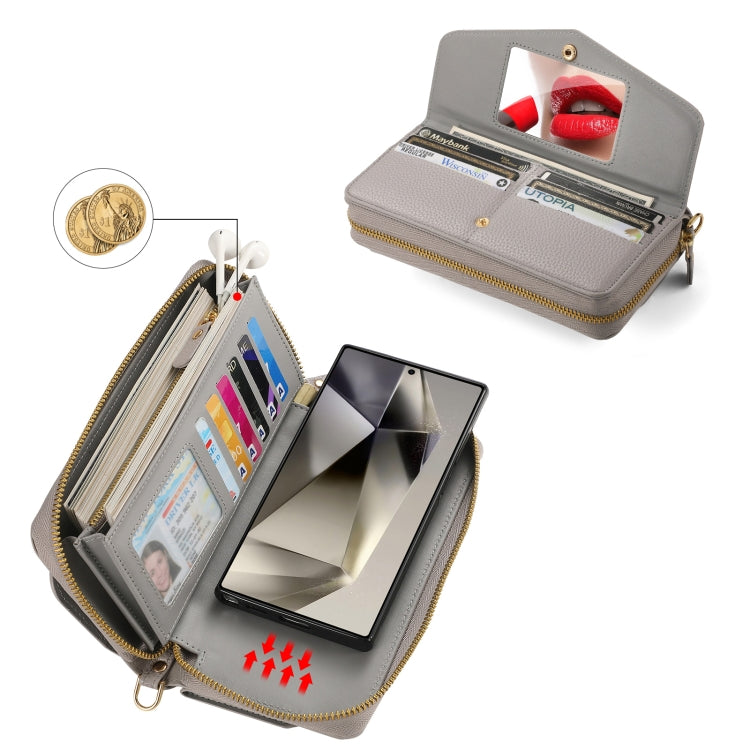 For Samsung Galaxy S24 5G Crossbody Multi-functional Zipper Wallet Litchi Leather Phone Case(Grey) - Galaxy S24 5G Cases by buy2fix | Online Shopping UK | buy2fix