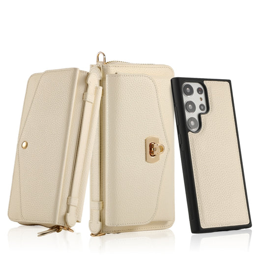 For Samsung Galaxy S23 Ultra 5G Crossbody Multi-functional Zipper Wallet Litchi Leather Phone Case(Beige) - Galaxy S23 Ultra 5G Cases by buy2fix | Online Shopping UK | buy2fix
